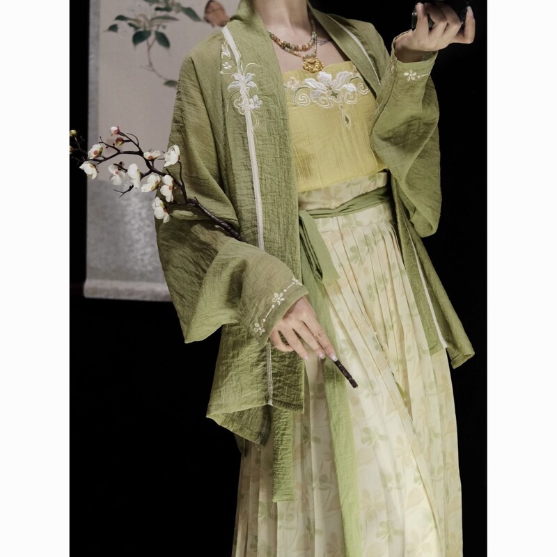 Grass-Green Song Dynasty-Style Hanfu for Women with Airplane Sleeves, Pleated Skirt, and Improved Daily Summer Wear Grass-Green Song Dynasty-Style Hanfu for Women with Airplane Sleeves, Pleated Skirt, and Improved Daily Summer Wear