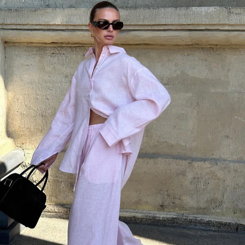 2025 Lazy French Loose Pink Suit European and American Cross-Border 100% Cotton Casual Shirt Long-Sleeved Top Pants