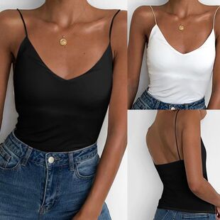 Solid color sleeveless camisole top��ɫV�I�o��¶����������Ů