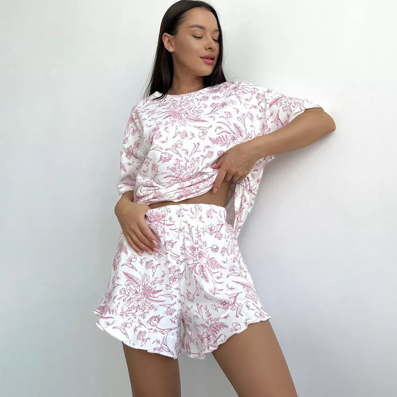 2026 European and American New Spring and Summer Women's Home Wear Short-Sleeved Ruffled Shorts Knitted Printed Casual Soft Pajamas