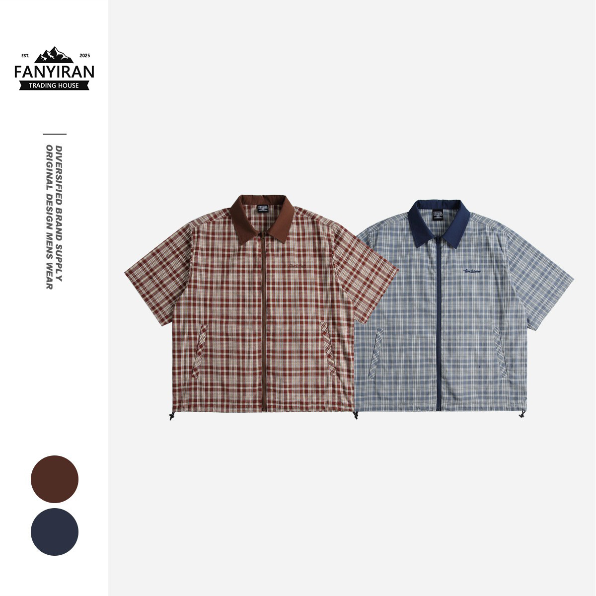 Builttolast Design Zipper Placket Retro Plaid Work Shirt Men's Short-Sleeved Top Jacket Cd01