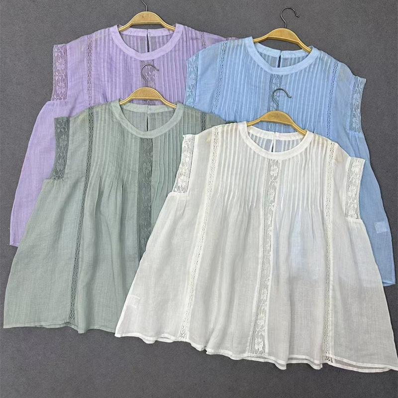 Ramie Shirt 2025 Summer New Mori Sweet Lace Sleeveless Pullover Slim Stitching Hollow Top Women