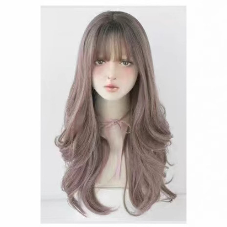 Wig for Women Pink Brown Daily Fluffy Natural Big Wave Long Curly Hair Simulated Human Hair Style Repair Full Wig Set