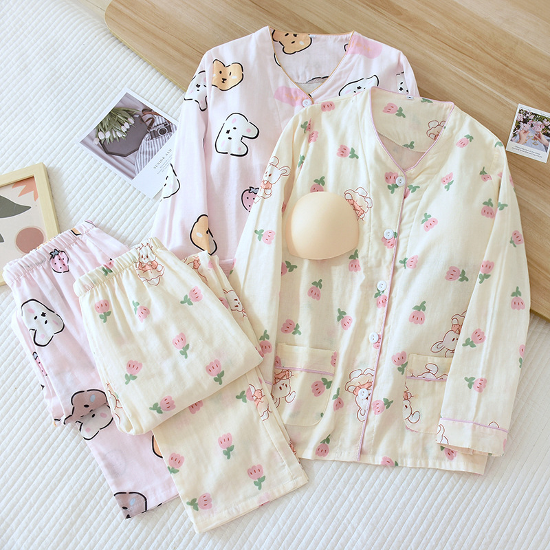 가슴 패드가 있는 면 더블 레이어 거즈 사계절 여성용 잠옷 얇은 긴팔 브라 프리 가정복 캐주얼 투피스 세트