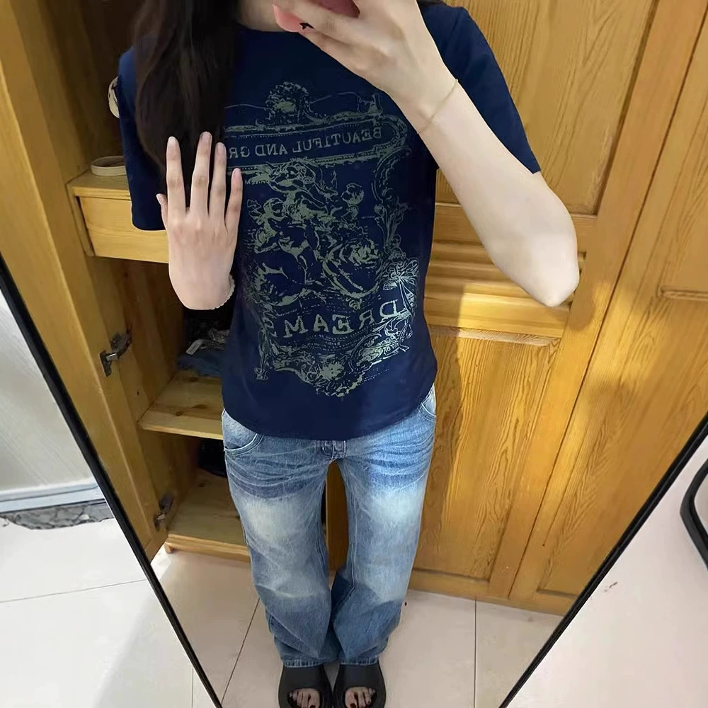 Американская футболка с короткими рукавами с принтом плеча женская летняя 2025 новый дизайн чувство нишевые стройные горячие девушки короткие топы