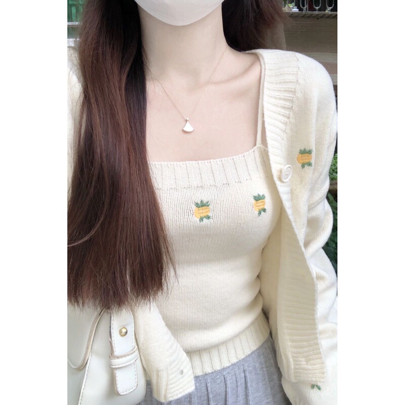 温柔风防晒针织衫女春春秋韩系奶甜短款开衫内搭吊带小背心两件套|undefined