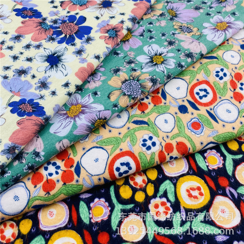 田园风秋冬新款磨毛印花布  纯棉梭织平纹拉绒印花 服装面料