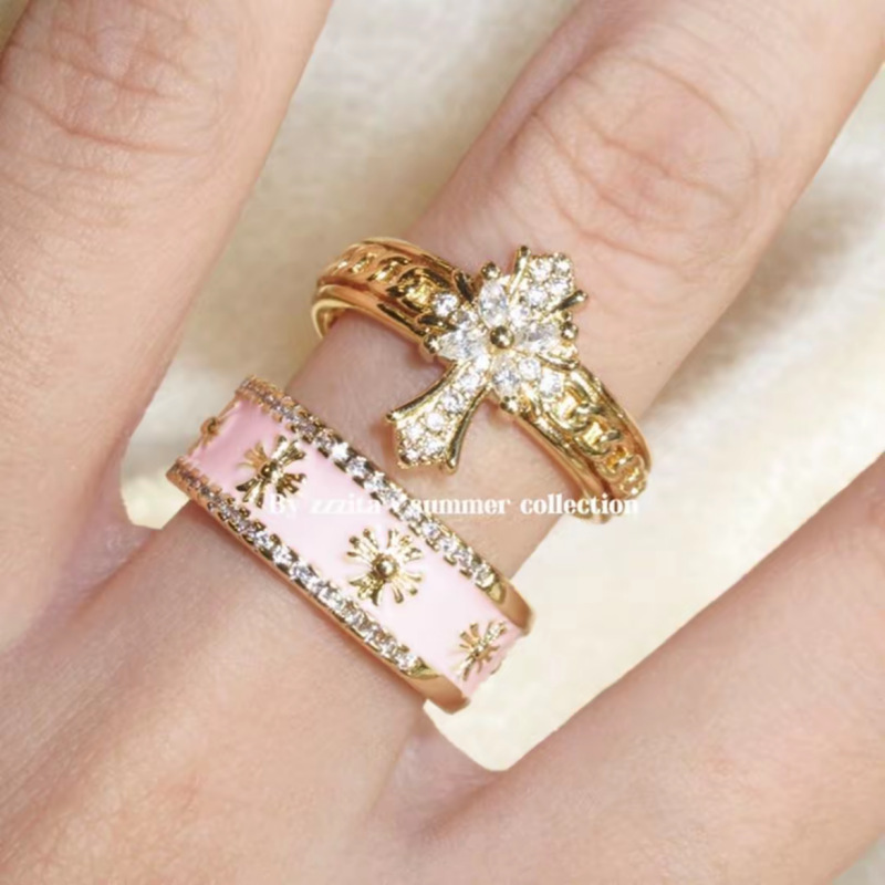 Douyin's Popular Pinky Cross·Asian Sweetheart~Pink Diamond Cross Ring Set Douyin's Popular Pinky Cross·Asian Sweetheart~Pink Diamond Cross Ring Set