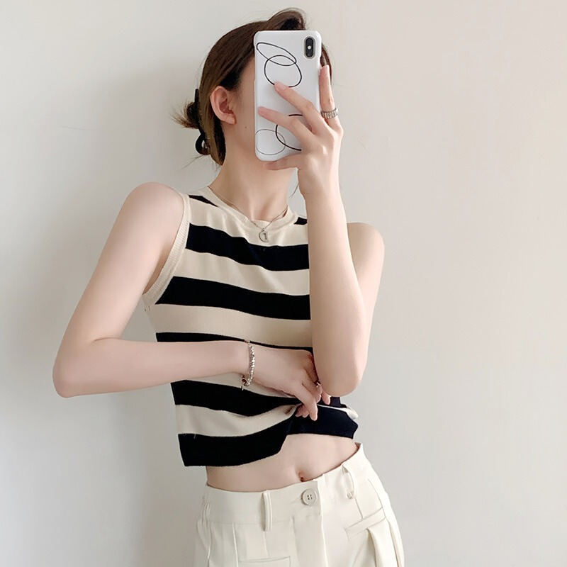 Summer Knitted Ice Silk Women's Top, Slim Fit, Short Sleeveless Round Neck Striped Vest, Versatile, Chic and Slimming Design