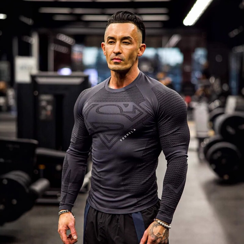 Youngla American-Style Muscular Men's Sports Fitness Running Training Spring and Autumn Long-Sleeved Quick-Drying Breathable Tight-Fitting T-Shirt