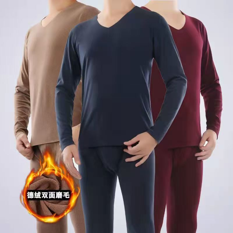 Men's Autumn and Winter Pure Color Seamless V Neck Thermal Suit Double-Sided Velvet Small Pointed Collar Suit Base Intimates