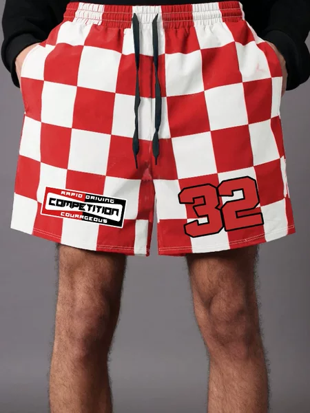 Men's Summer Red and White Checkerboard Sports Shorts Racing Theme Print Digital 32 Trendyy Casual Pants
