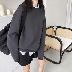 丸首の衛衣の灰色の女性の秋冬の高級感の小さい大衆のデザイン感のゆったりしている大きいサイズの純色の韓国版の怠惰な風の衛衣