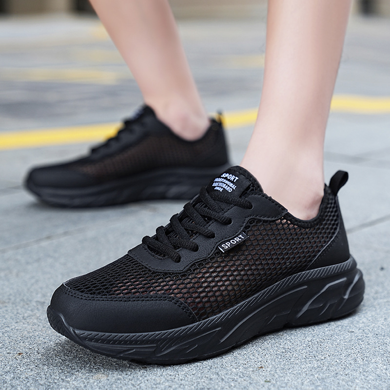 Single Mesh Men's Shoes Summer Mesh Breathable Sports Shoes Black Hollow Mesh Anti-Odor Large Size Casual Running Shoes