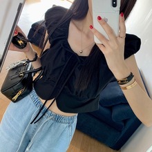 韩国chic夏日新品韩系时尚一字肩中缝褶皱抽系带拼接下摆开叉衬衫