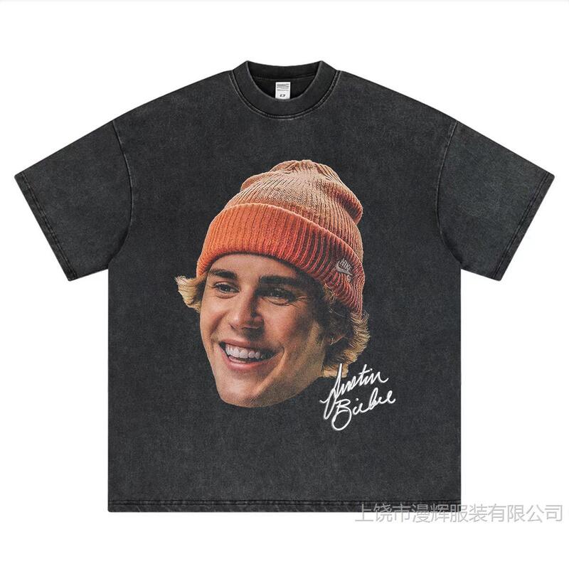 Justin Bieber Justin Bieber American-style Direct Injection Heavy-style Old Rap Trendy Short-sleeved T-shirt