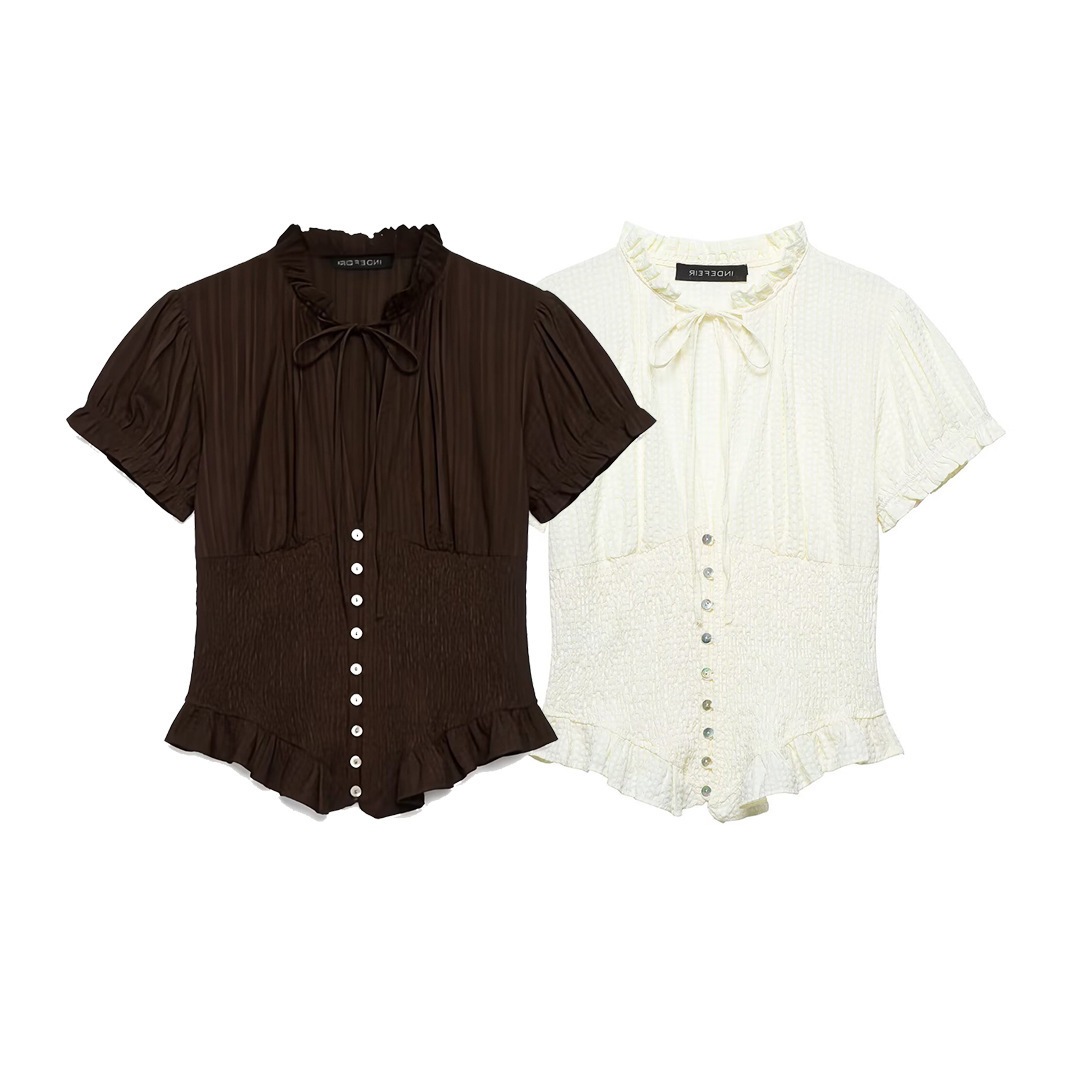 Women's Clothing Women's Bow Embellished Patchwork Shirt Top Elegant Fashionable Spring Summer For Formal & Casual For Women_ecoleips.com