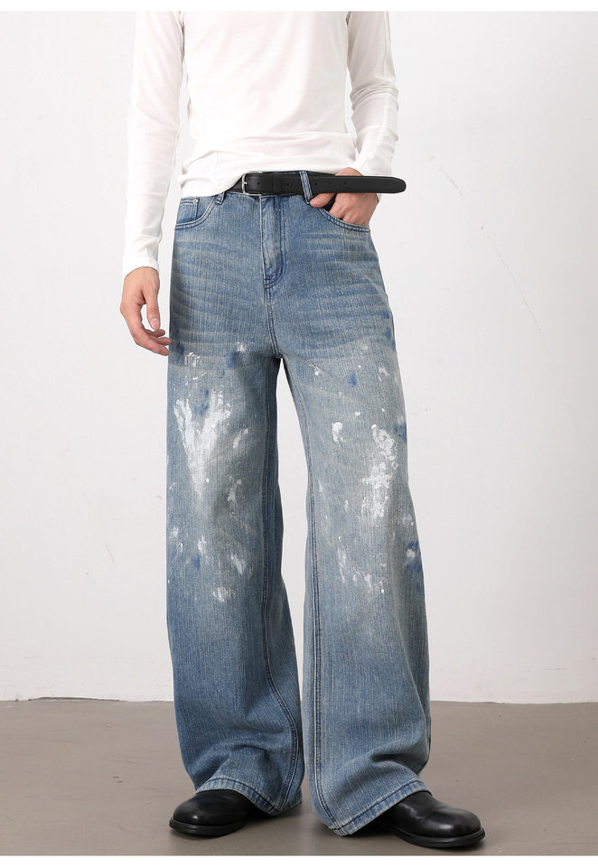 Quần jeans nam ống rộng dáng thẳng phong cách Hàn Quốc, họa tiết vẽ tay độc đáo — Màu xanh dương chi tiết 13