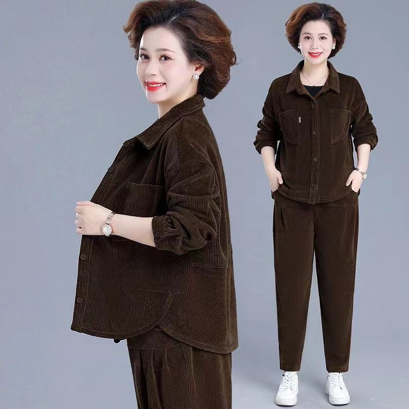 妈妈装时尚感灯芯绒套装女2025秋冬加厚加绒中老年休闲两件套|undefined
