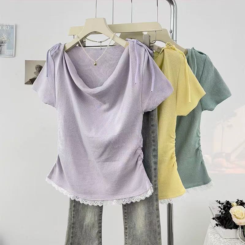 Pure Desire Style Lace Stitching Swing Collar Short-sleeved T-shirt Women's Summer Pleated Waist Slimming Strap Knitted Top
