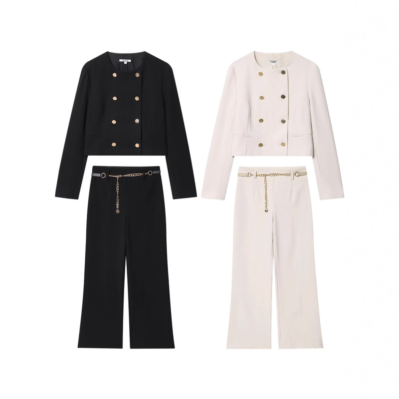 New Women's Round Neck Long Sleeve Double-Breasted Blazer + High-Waisted Straight-Leg Pants with Chain Belt Set
