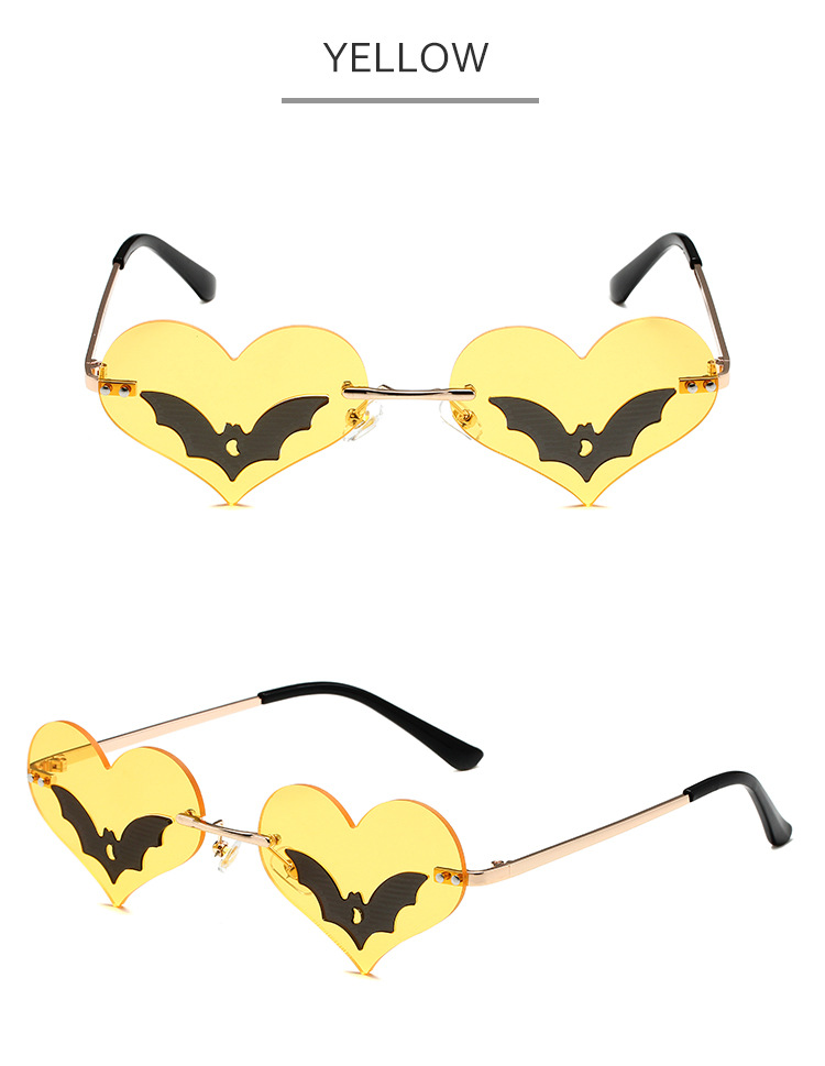 36g Weight Frameless Glasses Structure Sunglasses Classification PC, UV400 Protection Lens Material Special-Shaped Mirror Glasses Style Daily, Street Occasion Halloween Festival Heart Shape, Bat Pattern Unisex Gender Streetwear Style Black Color Streetwear Heart Shape Bat PC UV400 Protection Special-Shaped Mirror Frameless Women's Sunglasses 10