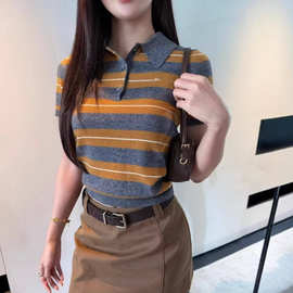 正确字母版MU家条纹polo短袖针织衫女春季新款修身翻领上衣女简约