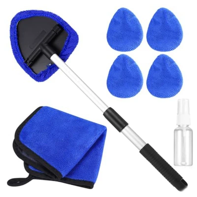 Car cleaning tools – Car Windshield Cleaning and Defogging - 1-set-five-sided-board-retractable-pole-5-blue-cloth-covers-1-towel