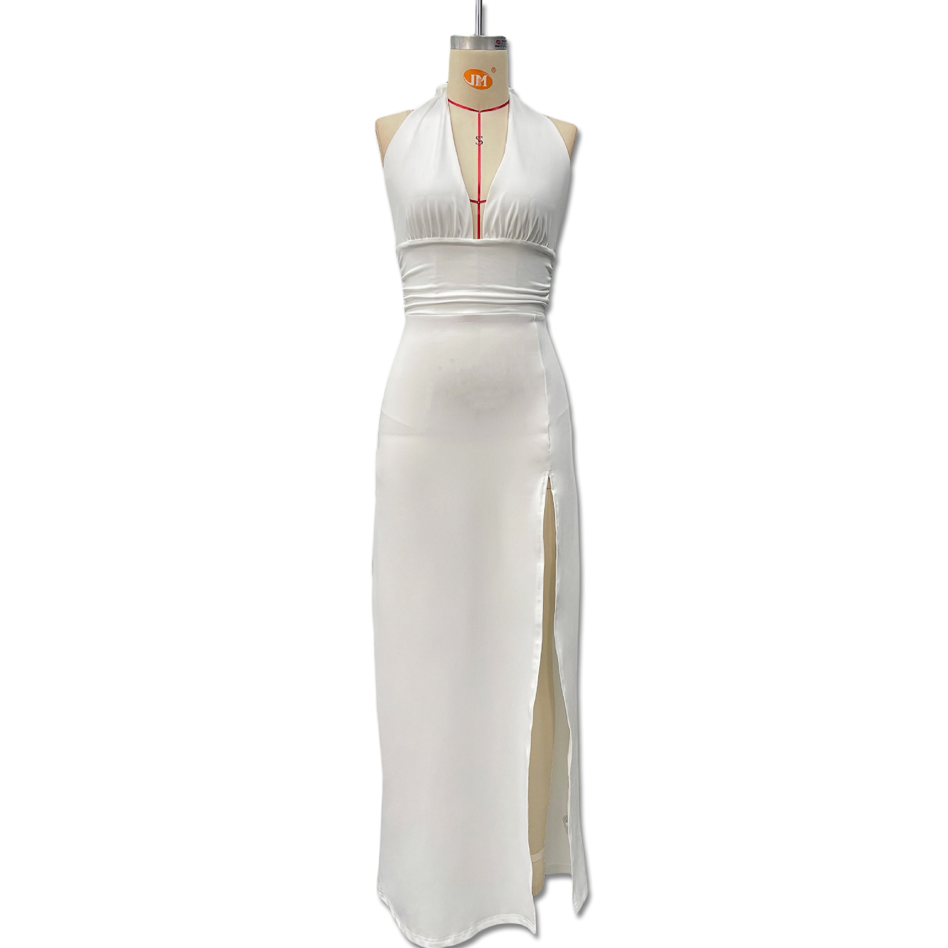 Elegant Women's Sleeveless Halter Neck V Neck Slit Long Dress European American Style Deep V Solid Color Cinching Sexy Dress_ecoleips.com