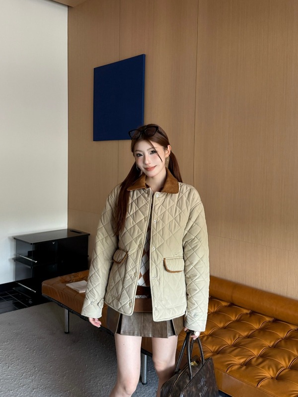miu家菱格棉服25早秋南油高版本复古撞色卡其拼接短款翻领棉服女|undefined