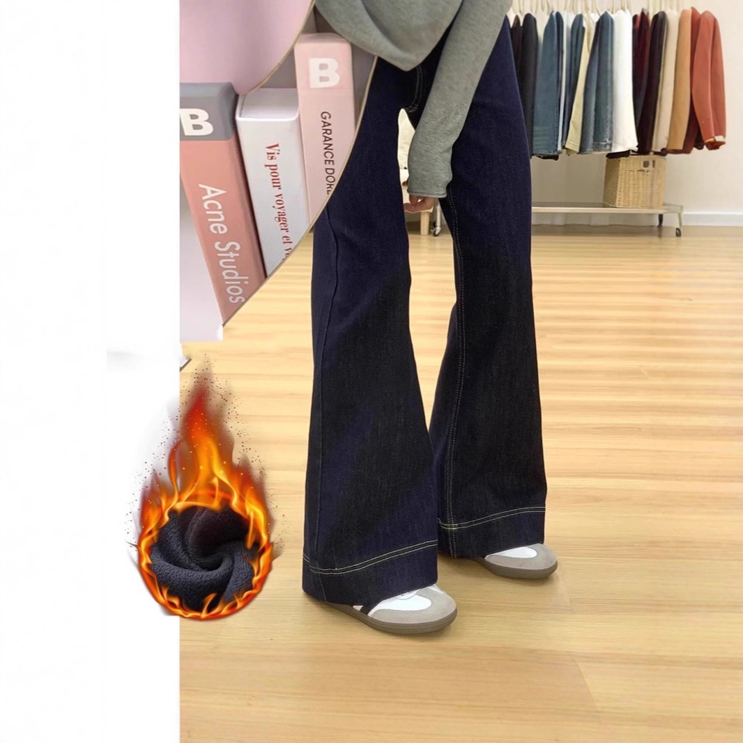 Dark Blue Denim Fleece-Lined Micro-Flared Jeans for Women 2025 Winter Large Size Fat mm Petite High-Waisted Horseshoe Pants