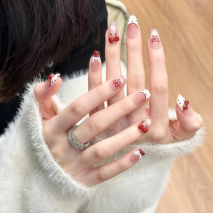 Red Kitty Polka Dot Bow Wearable Nails Ins Style Wearable Nails Repeatable Nail Art Stickers Wearable Nails