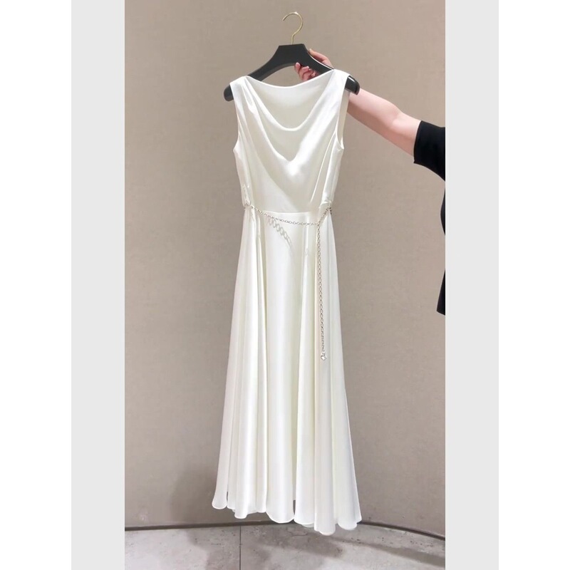 Summer New Style French Exquisite Satin Dress with a Draped Collar, Elegant and Age-Reducing White Sleeveless Long Dress for Women