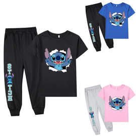 动画史迪仔 Stitch跨境外贸热销儿童卡通套装男女童短袖T恤+长裤