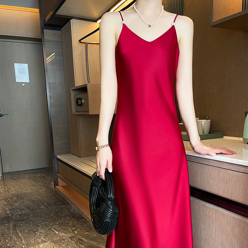 Summer mid-length satin elegant suit slip dress with inner lining to prevent exposure, Hanfu style dress Summer mid-length satin elegant suit slip dress with inner lining to prevent exposure, Hanfu style dress