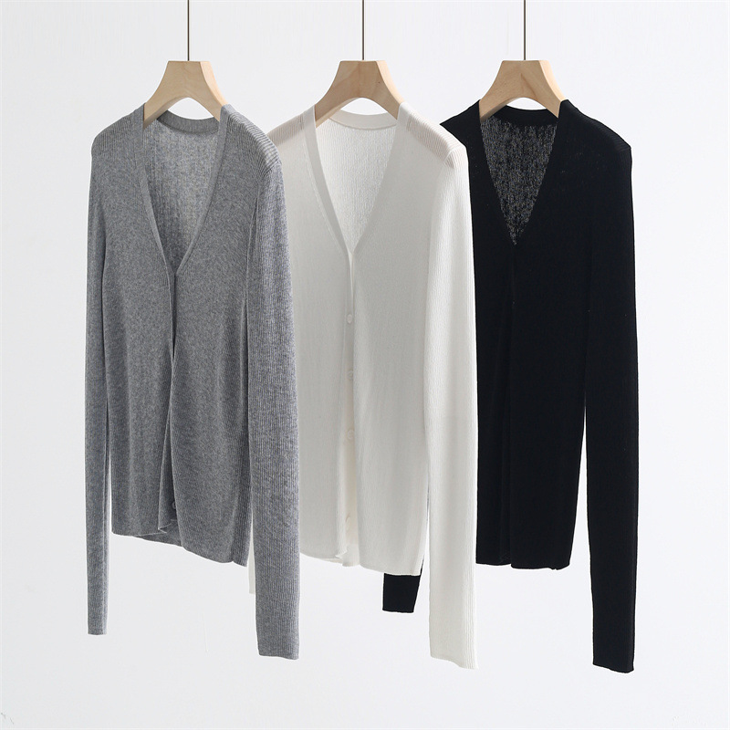 Summer Light Breathable Sunscreen Shirt Flash Gold and Silver Silk Tencel Lyocell V-Neck Pit Long Sleeve Knitted Cardigan 32191