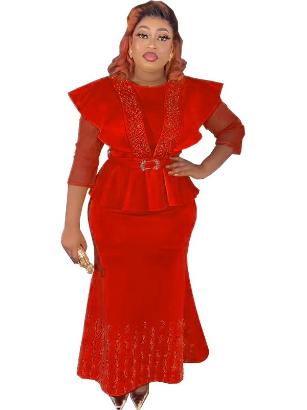 Special supply African-style waist top with long overskirt nail beads drilling solid color European and American plus size dress