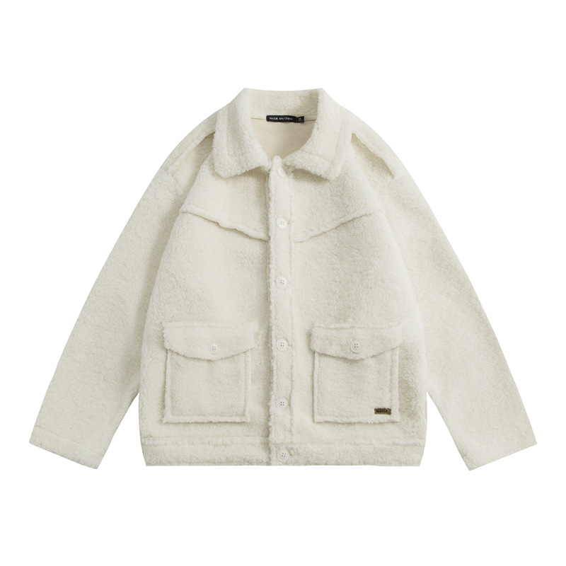 Women's Clothing solid color lambskin simple chic coat lapel casual top couple wear cotton coat_voghion.com