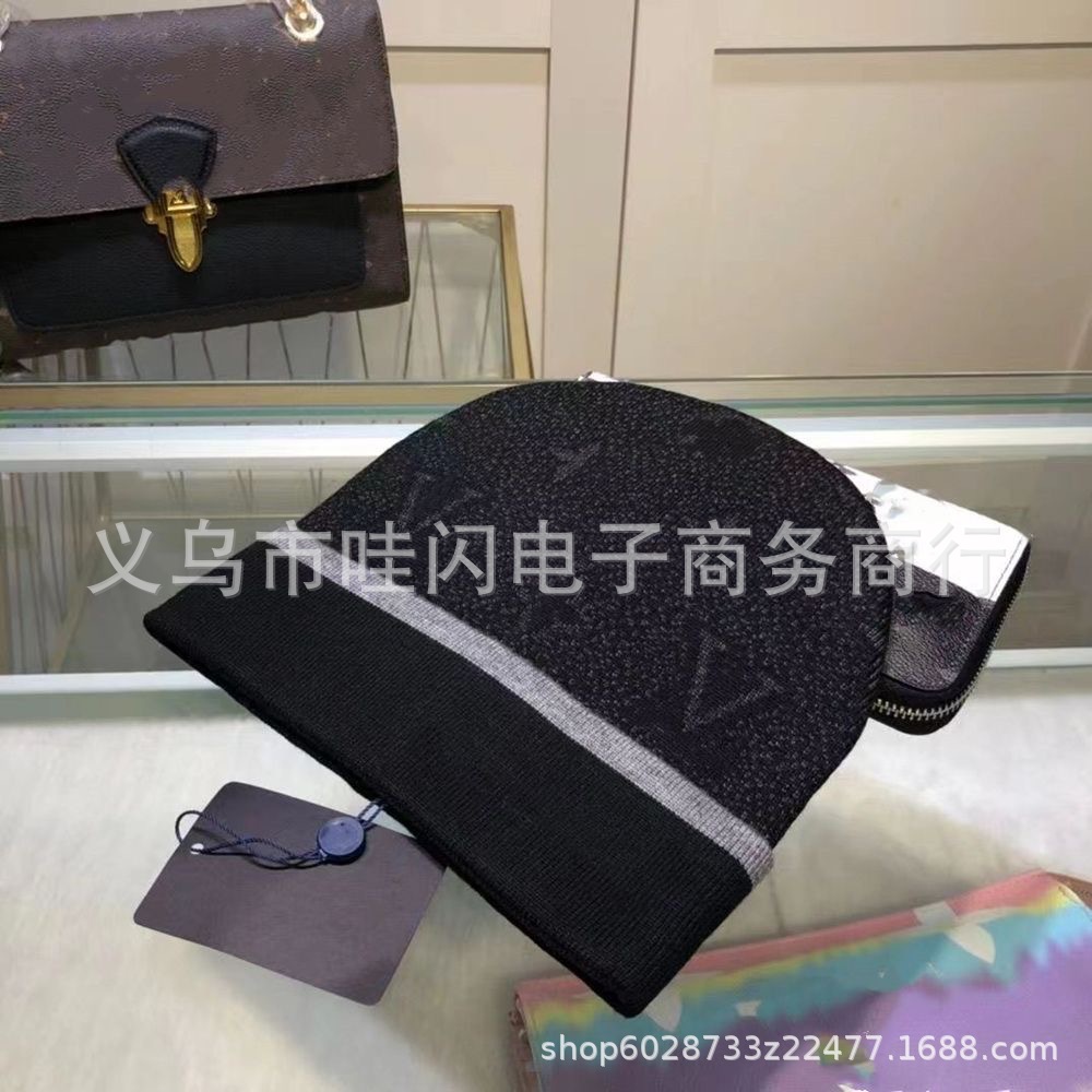 秋冬跨境外贸新款卷边毛线帽子女网红百搭冷帽保暖满印花针织帽男