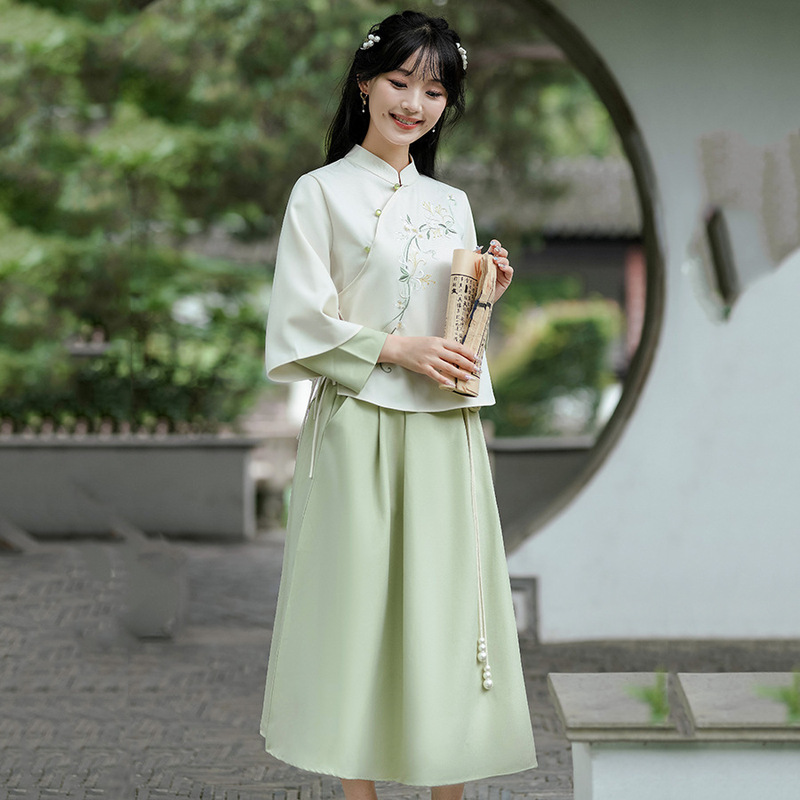 Chinese Retro Literary Cheongsam Top, Republic of China Style, Han Elements, Han Dynasty Suit, Tea Art Tea Suit, Tang Suit, Women's Two-Piece Set Chinese Retro Literary Cheongsam Top, Republic of China Style, Han Elements, Han Dynasty Suit, Tea Art Tea Suit, Tang Suit, Women's Two-Piece Set