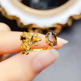 新款天然茶水晶戒指S925银镶嵌主石5*7mm百搭网红爆款女饰批发