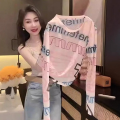 S002 韓国版春の高級レターアイスシルクメッシュ長袖Tシャツレディースピンクトレンディブランドラウンドネック日焼け止めトップ