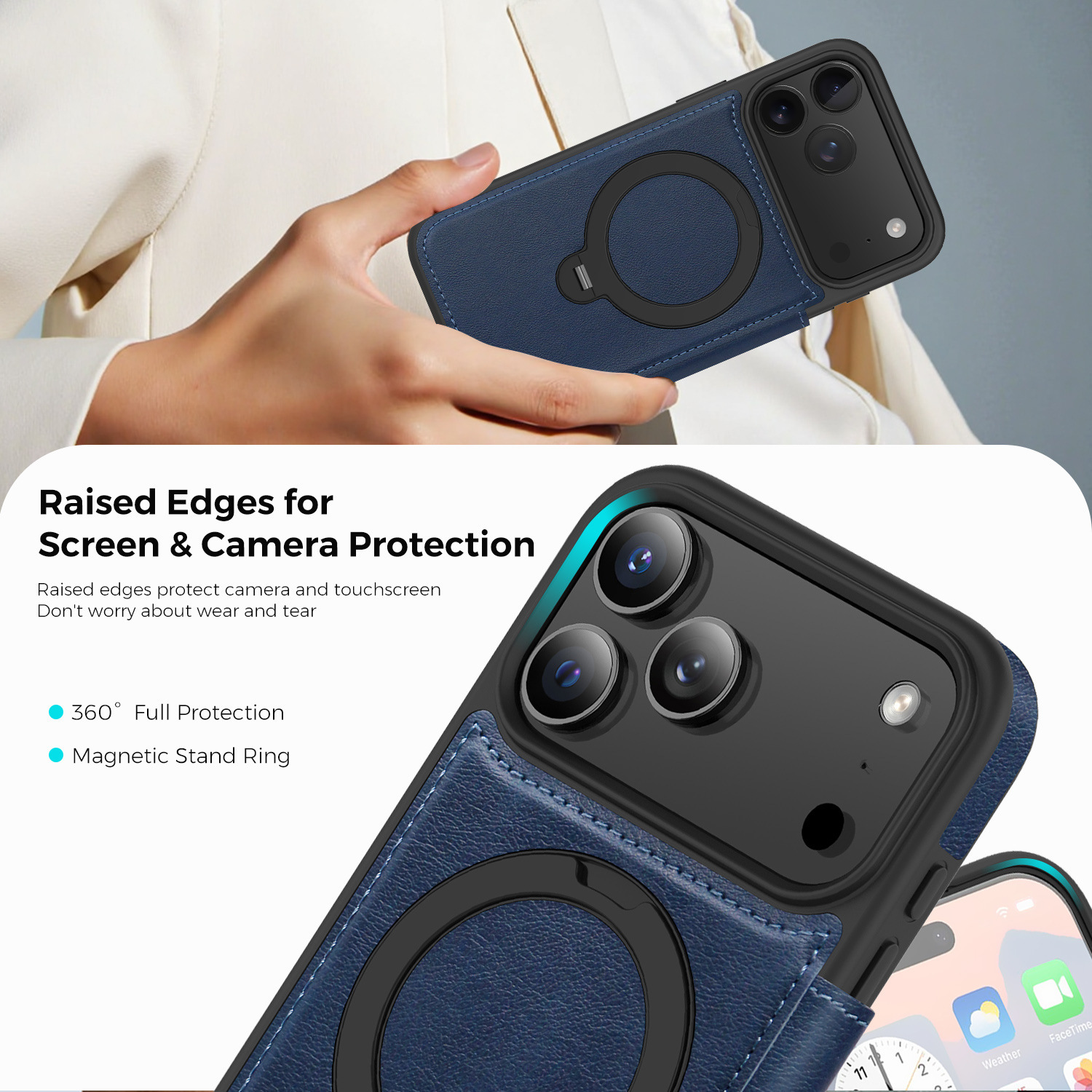 Ốp lưng da lật iPhone 16 Pro Max xoay 360 độ tích hợp giá đỡ từ tính — màu đen, màu xanh hoàng gia, Màu nâu, xám chi tiết 42