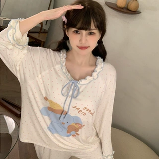 睡衣带一体胸垫春长袖薄款莫代尔棉甜美韩系套装学生小个子家居服