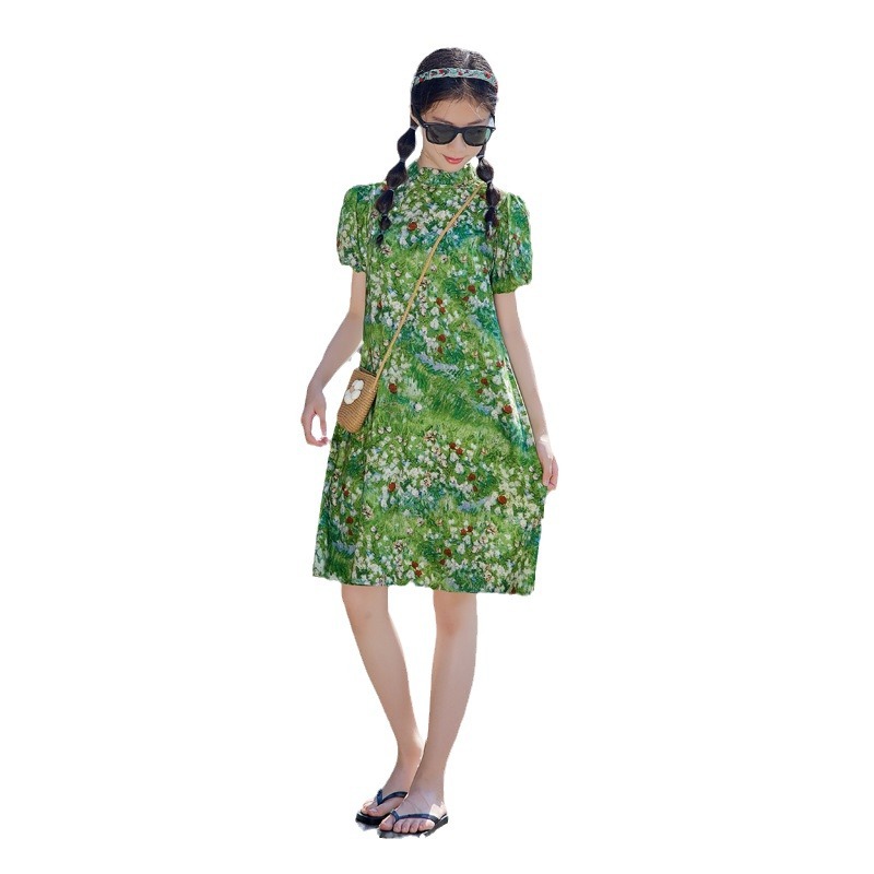 Vestido de verano de las niñas 2024 nuevo vestido de los niños estilo occidental vestido de niña de verano nuevo chino cheongsam vestido ropa de los niños