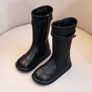 2024 Autumn and Winter Girls Genuine Leather Boots Korean Style Children's Military Boots Top Layer Cowhide Little Girl High Boots Shoes