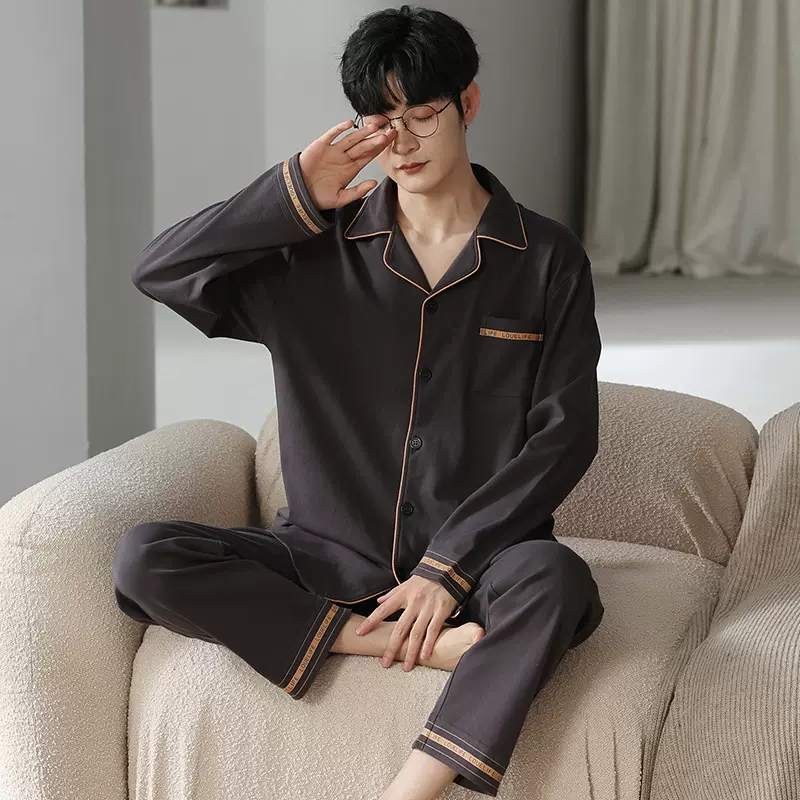 纯棉睡衣男士秋冬季长袖开衫可外穿高级感套装春秋男士全棉家居服