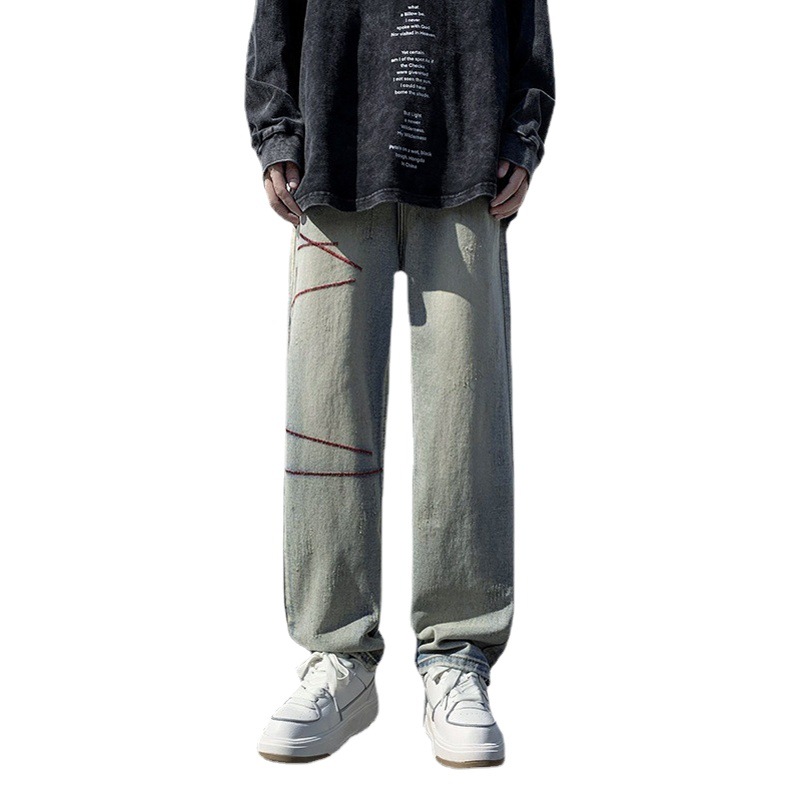 Pantalones de mezclilla de los hombres de primavera estilo coreano sueltos rectos jóvenes estilo de Hong Kong ins personalidad guapo pantalones de pierna ancha casual
