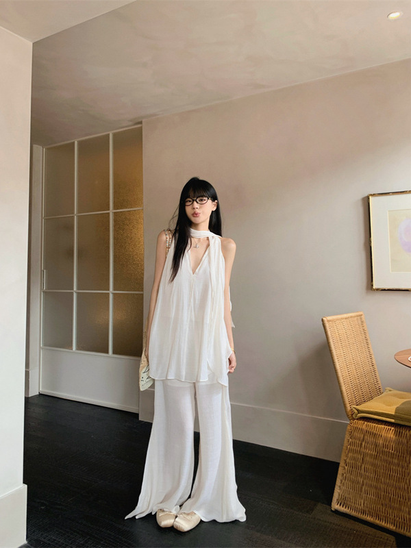 リボン V ネックルーズノースリーブシャツベスト女性の夏の禅スーツ薄いカジュアルワイドレッグパンツ 2 点セット|undefined