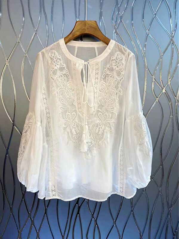 French Shirt Women's New Spring and Autumn High-End Embroidered Bow Design Niche Lotus Leaf Sleeve Loose Top French Shirt Women's New Spring and Autumn High-End Embroidered Bow Design Niche Lotus Leaf Sleeve Loose Top